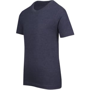 A navy marl crew neck t-shirt with short sleeves and a simple design. Features a logo.