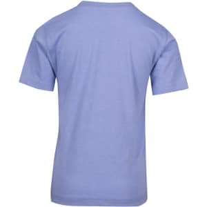 A light blue crew neck t-shirt for kids, featuring short sleeves and a plain back. It has a branding logo.