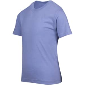 A light blue kids' crew neck t-shirt displayed at an angle, showcasing its shape and style. The t-shirt has a simple design.