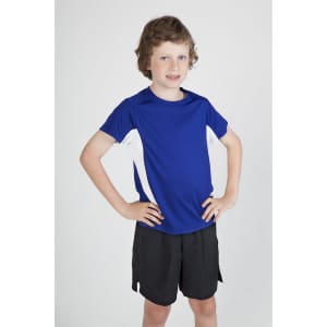A blue and white kids' T-shirt featuring short sleeves, paired with black shorts, displayed on a young model.