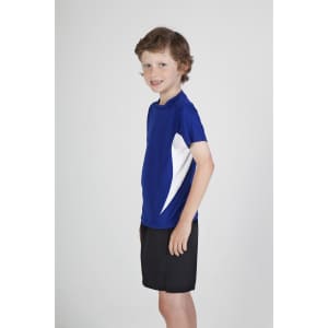 A blue Kids Accelerator Cool-Dry T-shirt with white accents, modelled by a smiling child in black shorts.