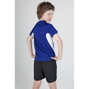A child models a blue and white Kids Accelerator Cool-Dry T-shirt, showcasing the back design. The shirt has a logo.