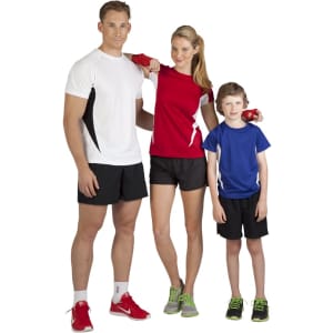 A white and black T-shirt, a red and white T-shirt, and a blue T-shirt, worn by an adult male, adult female, and child.