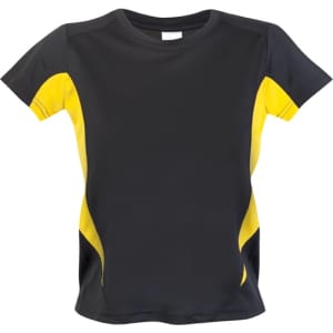 A black and yellow Kids Accelerator Cool-Dry T-shirt with branding. Features short sleeves and a sporty design.