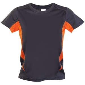A Kids Accelerator Cool-Dry T-shirt in black with orange accents, featuring a logo.
