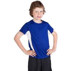 A blue and white kids' T-shirt with short sleeves, featuring a logo, worn by a smiling child with curly hair.