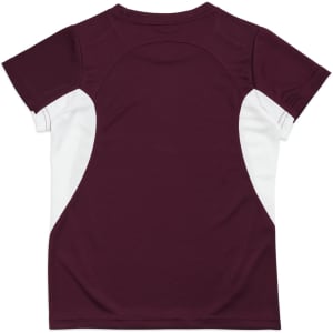 A maroon and white Kids Accelerator Cool-Dry T-shirt featuring a sporty design and a logo.