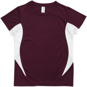 A maroon kids' T-shirt with white side panels and a logo on the front.