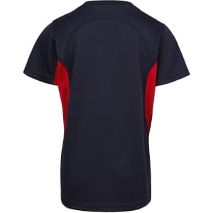 A navy and red kids' t-shirt featuring a sporty design, with a logo on the back.