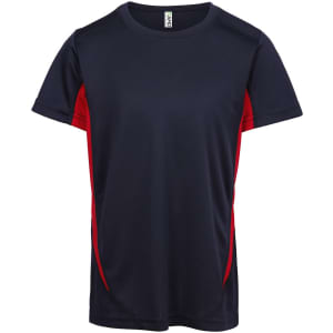 A navy blue and red kids’ T-shirt with short sleeves and a logo. Lightweight, moisture-wicking fabric is featured.