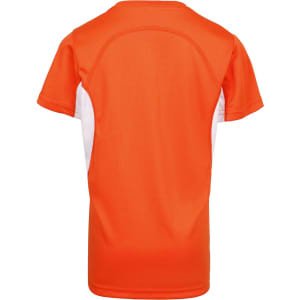 An orange kids' T-shirt featuring white side panels and a branding logo. The back shows a smooth, athletic design.