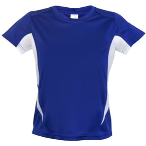 A blue and white Kids Accelerator Cool-Dry T-shirt with short sleeves and a logo.