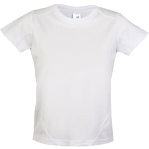 A white Kids Accelerator Cool-Dry T-shirt with short sleeves and a logo on the label.