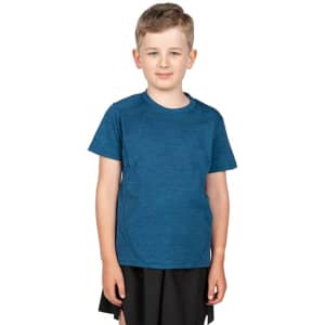 A boy in a blue, 100% polyester T-shirt stands against a white background. The shirt has a simple design and a logo.