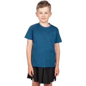 A blue 100% polyester T-shirt for kids, featuring a simple design and a logo.