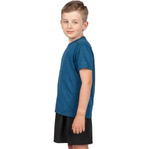 A blue kid's T-shirt made of 100% polyester, displayed on a young boy standing sideways. The shirt has a simple design and logo.
