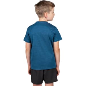 A blue kid's T-shirt made of 100% polyester, featuring a logo on the back.