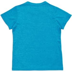A bright turquoise kid's T-shirt made from 100% polyester, featuring a logo.