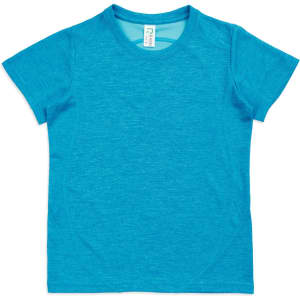 A bright blue kid's T-shirt made from 100% polyester, featuring a simple design and a brand logo.