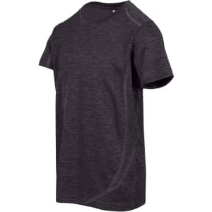 A grey kid's T-shirt made of 100% polyester, featuring a subtle texture and a logo.