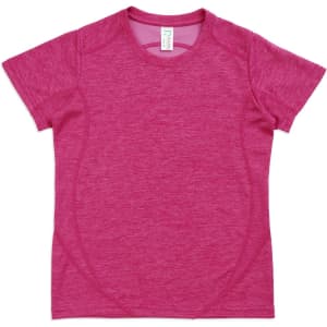 A pink Kid's Challenger 100% polyester T-shirt with short sleeves and a logo.