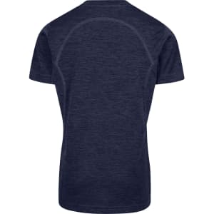 A navy blue kid's T-shirt made of 100% polyester, featuring a logo on the back.
