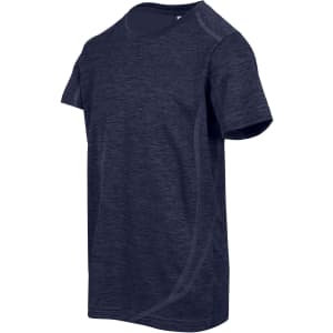 A navy blue kid's T-shirt made of 100% polyester, featuring short sleeves and a logo on the front.