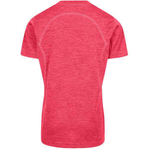 A red polyester T-shirt with a simple design and a logo on the back. Ideal for kids' casual wear.