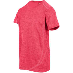 A red polyester T-shirt for kids with a textured finish and short sleeves, featuring a logo.