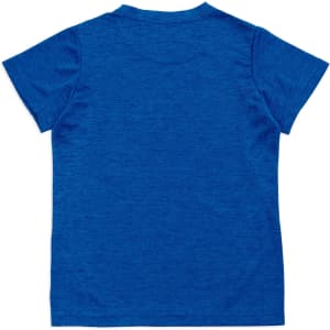 A blue kid's T-shirt made from 100% polyester, featuring a plain back and a logo.