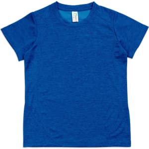 A blue Kid's Challenger 100% polyester T-shirt with short sleeves and a logo.