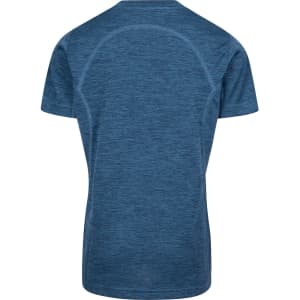A blue, 100% polyester T-shirt designed for kids, featuring a simple, smooth back with no visible logos.