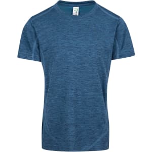 A short-sleeved kid's T-shirt in a blue marl pattern, made of 100% polyester, featuring a small logo.