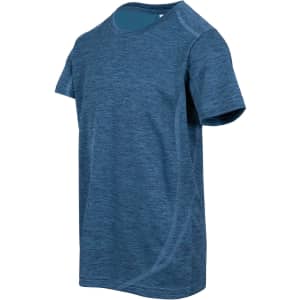 A blue children's T-shirt made from 100% polyester, featuring a logo and a stylish design.