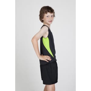 A child models a black singlet with a bright green panel, paired with black shorts. The singlet has a logo on it.