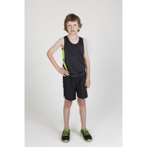 A child is wearing a black singlet with green accents and matching black shorts and shoes. The background is plain white.