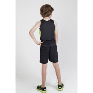 A black and bright green kids' singlet worn with black shorts, displayed from the back. The singlet features a logo.