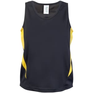 A black and yellow kids' singlet featuring a flowing design and a logo on the fabric.