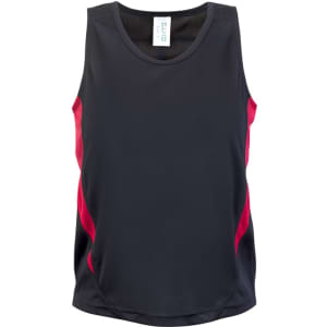 A black and red Kids Accelerator Cool-Dry singlet with a logo on the label.