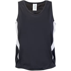 A black and white kids' singlet made from a moisture-wicking fabric, featuring a logo. Ideal for active wear.