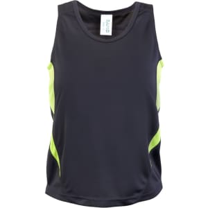 A black singlet with lime green accents, featuring a logo on the front.