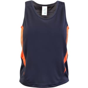A navy blue kids' singlet featuring orange side accents and a small logo. Ideal for active wear.