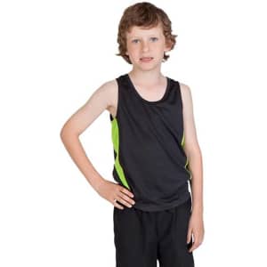 A black and lime green kids' singlet with a sporty design, featuring a logo on the front.