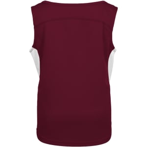 A burgundy kids' singlet featuring white side panels and a simple design. It includes a logo on the back.