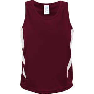 A maroon singlet with white accents and a logo, designed for kids’ activewear.