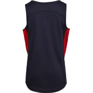 A navy and red kids’ singlet with a sleeveless design, featuring a logo on the back.