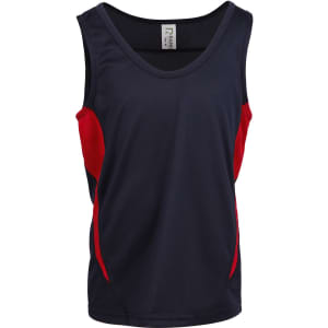 A navy and red kids' singlet with a logo, made from cool-dry fabric. Perfect for active wear.
