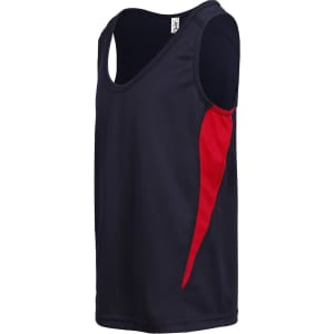 A navy and red kids' singlet featuring a one-sided colour design and a logo on the label.