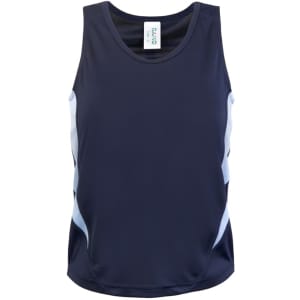 A navy blue kids' singlet featuring light blue accents and a branded label at the neckline.