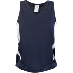 A navy blue singlet with white accents, featuring a logo on the front. Suitable for kids.
